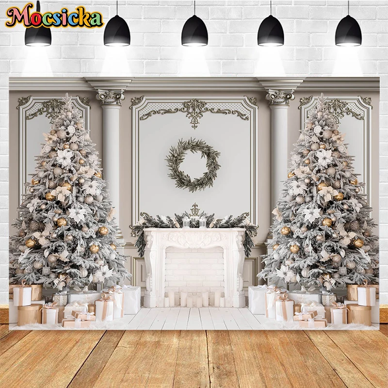 Mocsicka Christmas Photography Background Home Xmas Tree Fireplace White Wall Decor Family Holiday Party Baby Kid Photo Backdrop
