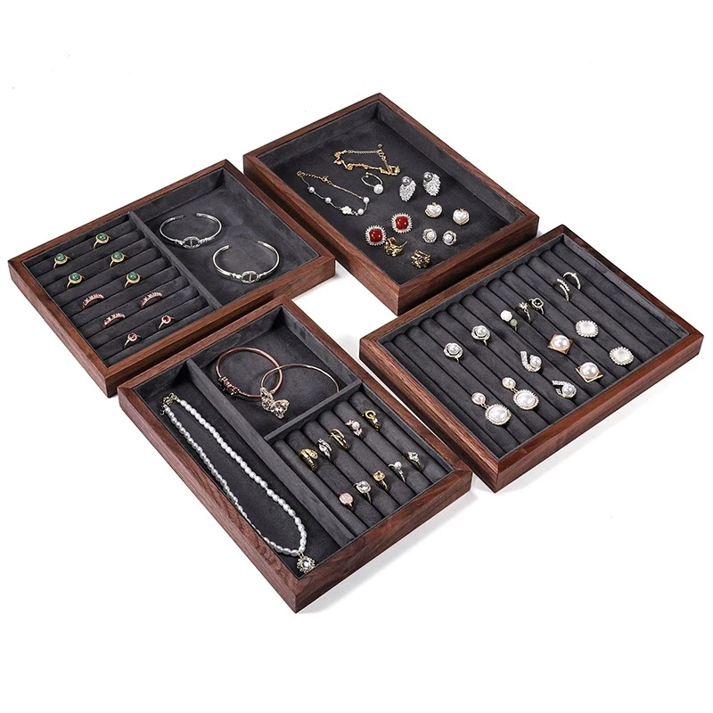 

Retro Multifunction Jewelry Display Tray Grey Velvet Pendant Necklace Bracelet Earrings Ring Storage Trays Counter Showcase Prop