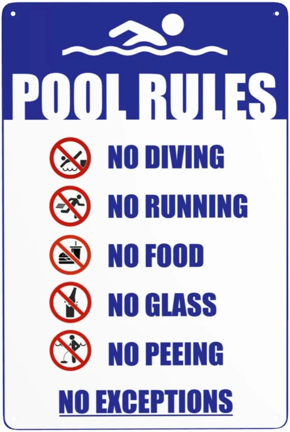 Pool Rules Signs Outdoor,No Running No Diving No Glass No Food No Peeing,Metal Swimming Pool Warning Sign for Swimming Pool sign