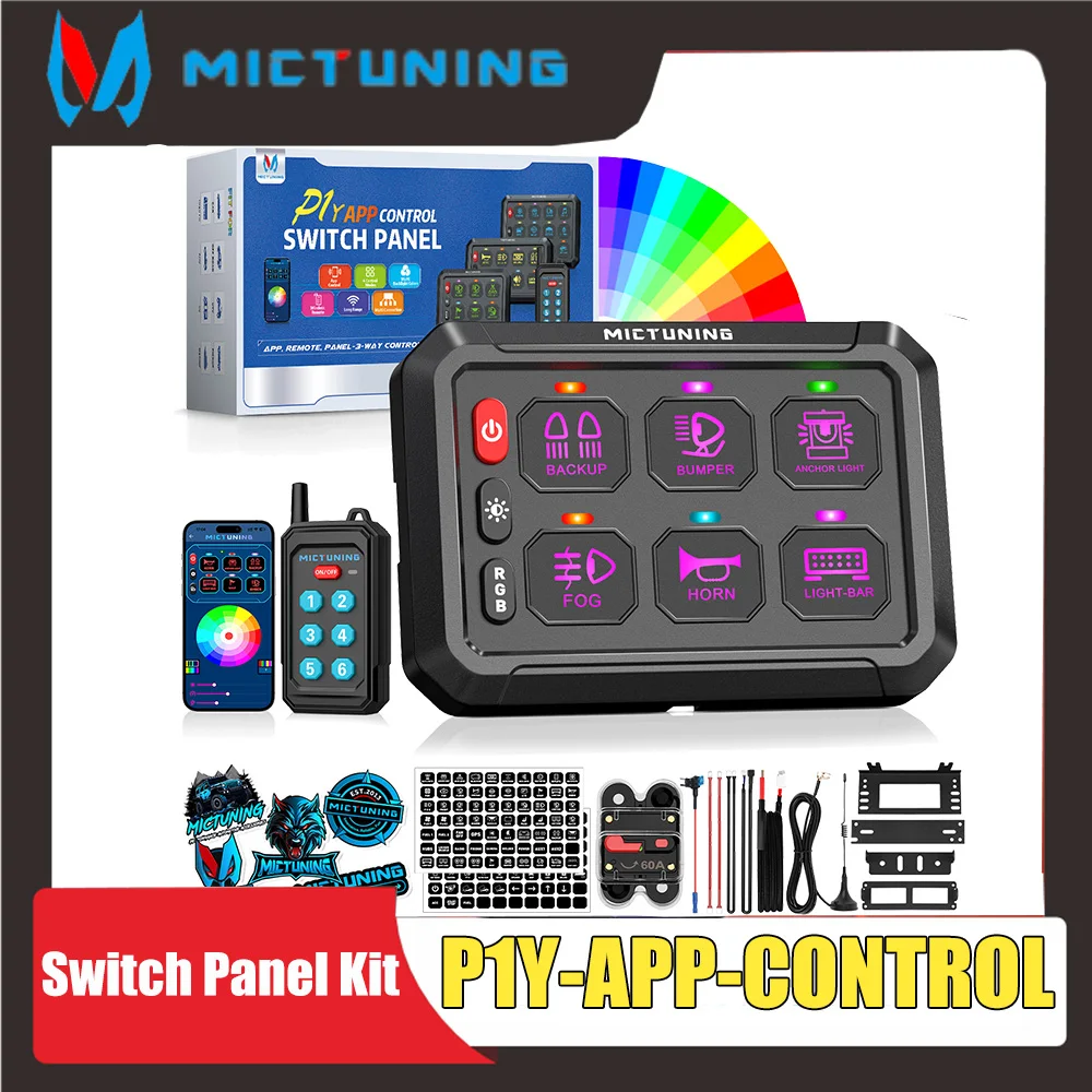 

MICTUNING P1Y 6-Way Circuit Box RGB Color DIP Switch Instant Pulse 230-Foot Control Relay System Switch Panel / Wireless Remote