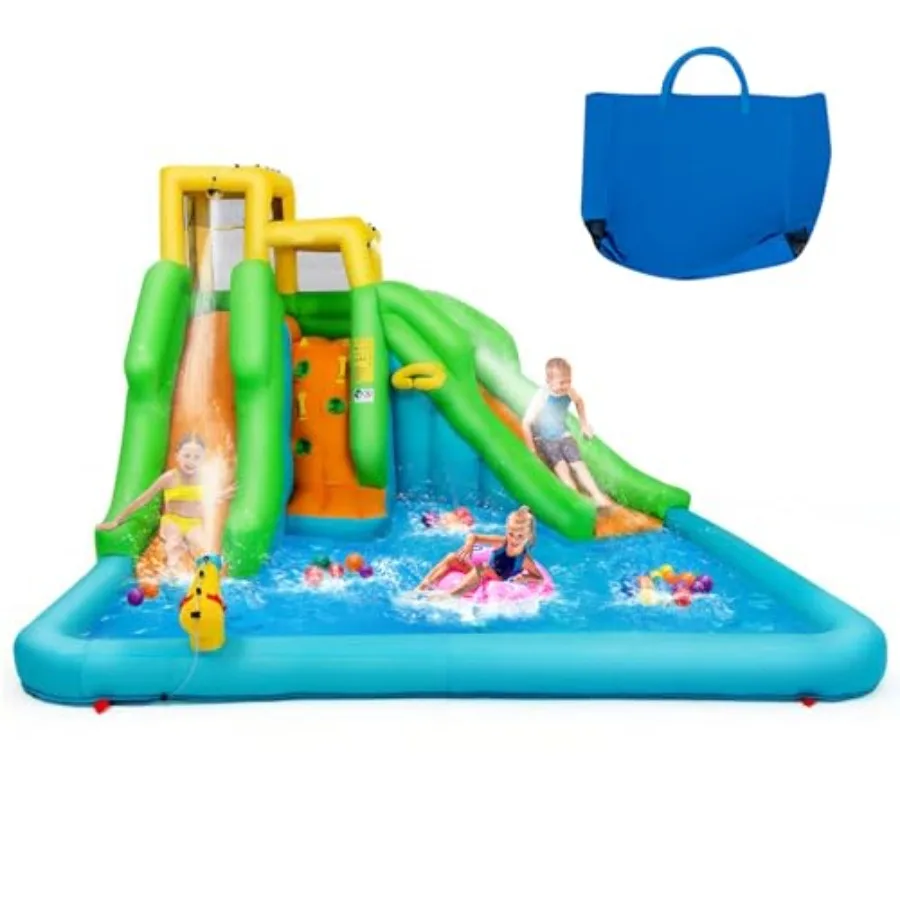 Inflatable Water Slide 6 in 1 Water Park Waterslide Inflatables with Climbing Wall 2 Long Slides Splash Pool Ball Hoop Outdoor