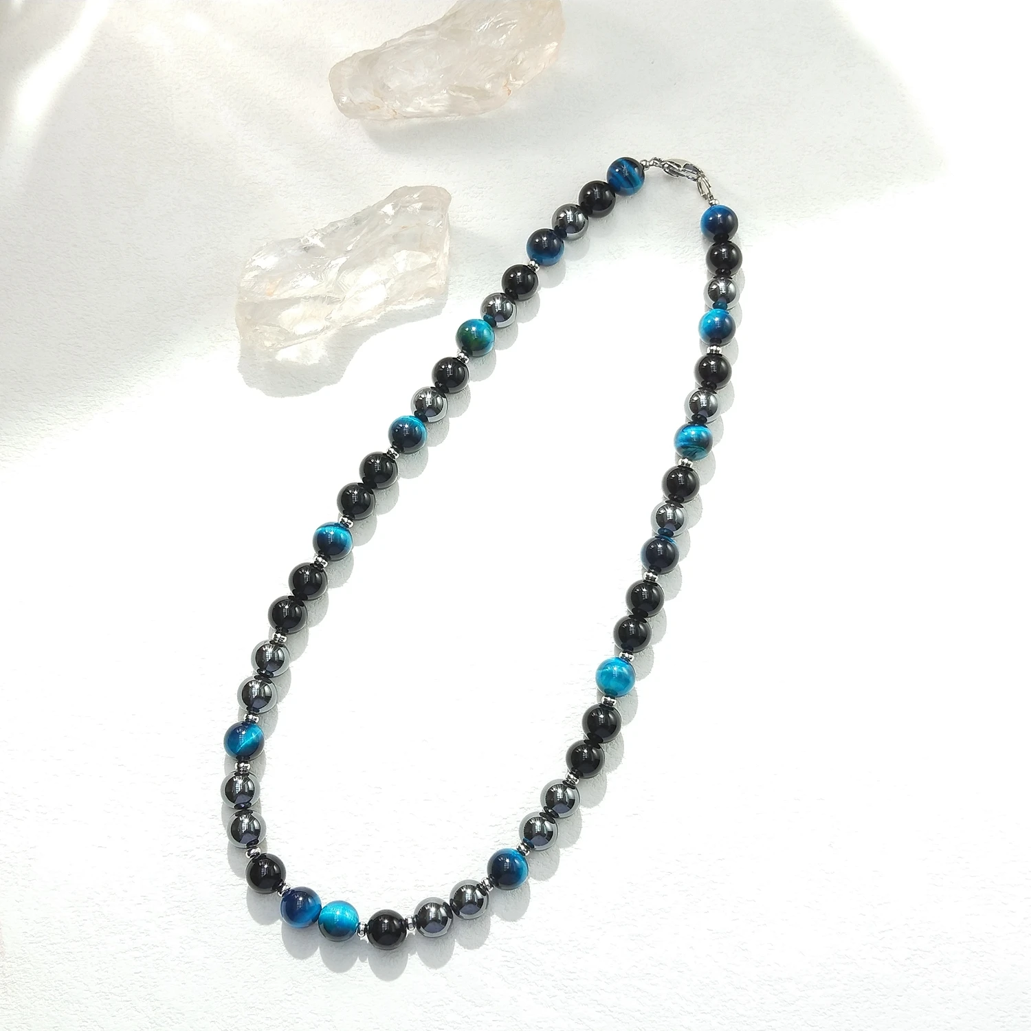 Lii Ji 10mm/12mm Light Blue Tiger's Eye Hematite Black Agate Multi Stone Stainless Steel Necklace 52cm Trendy Necklace For Male