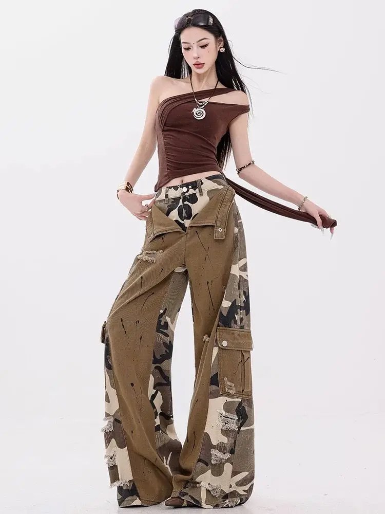 Celana Kerja Musim Panas Tipis Model Slim Fit Straight Leg Motif Kamuflase Amerika, Celana Lebar Gaya High Street, Celana Kasual Fashion Remaja