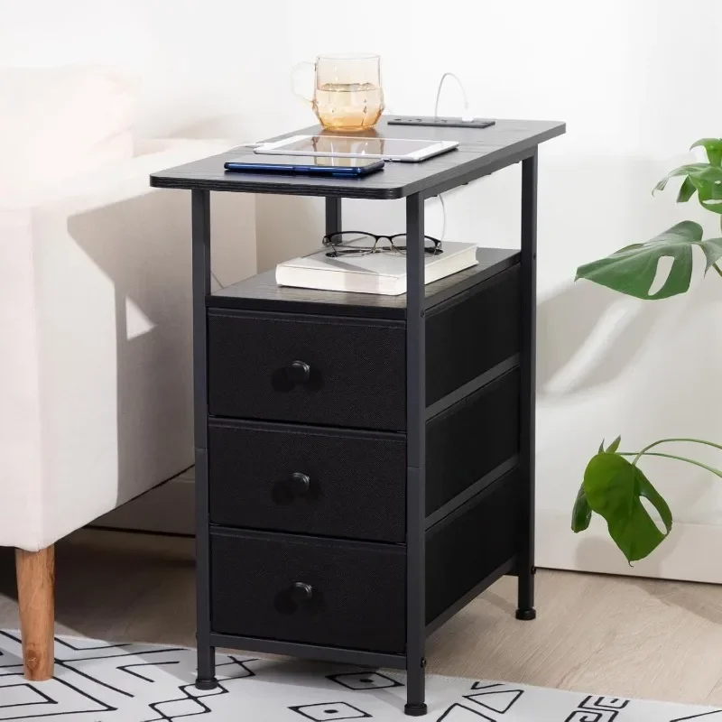 Narrow Side Table with Charging, Slender End Table with USB Port and Outlet,Nightstand with 3 Fabric Drawers,Bedroom,Living Room