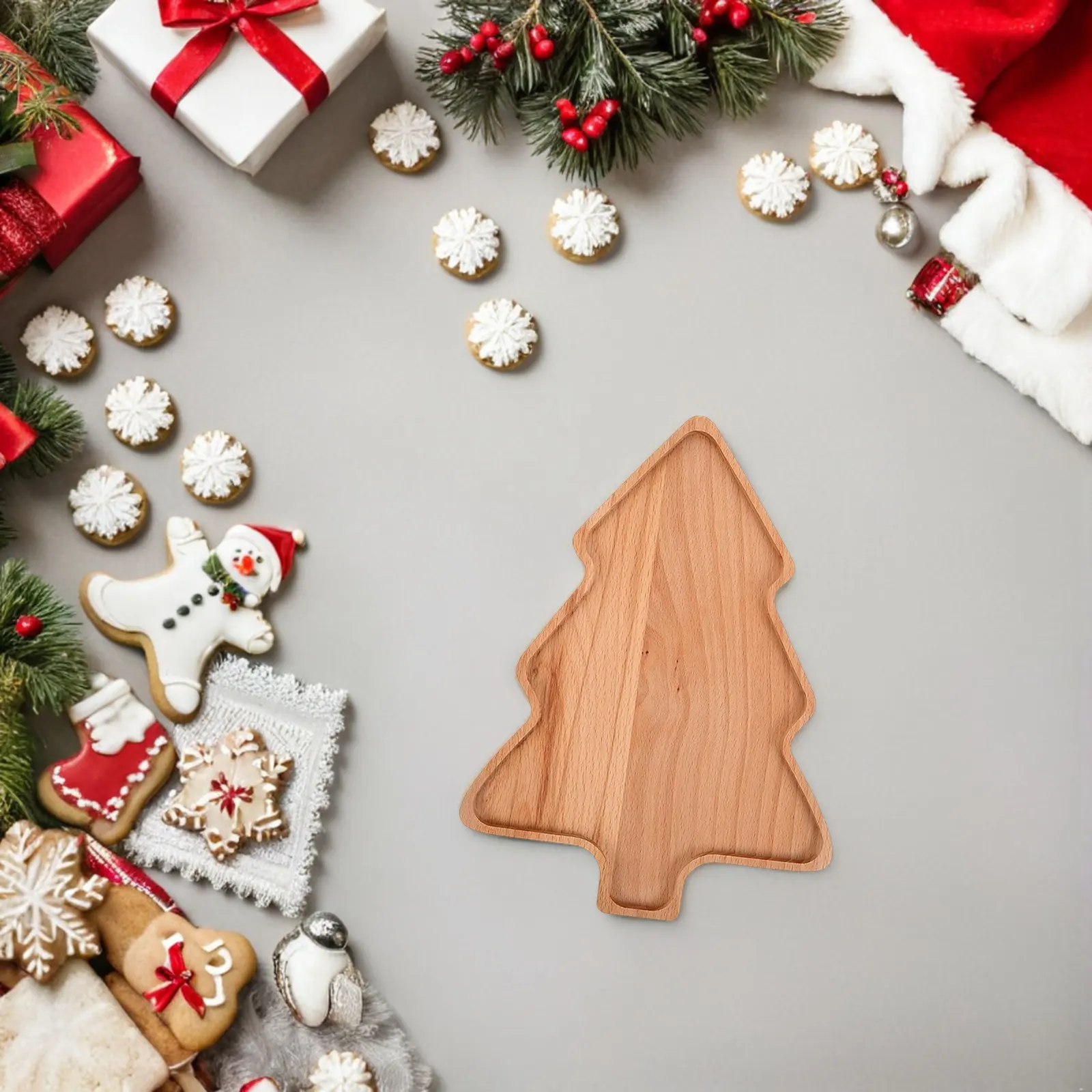 Tree Shaped Wooden Serving Tray Natural Beech Wood Christmas Appetizer Dessert Sushi Plate Holiday Table Decor Festive Gathering