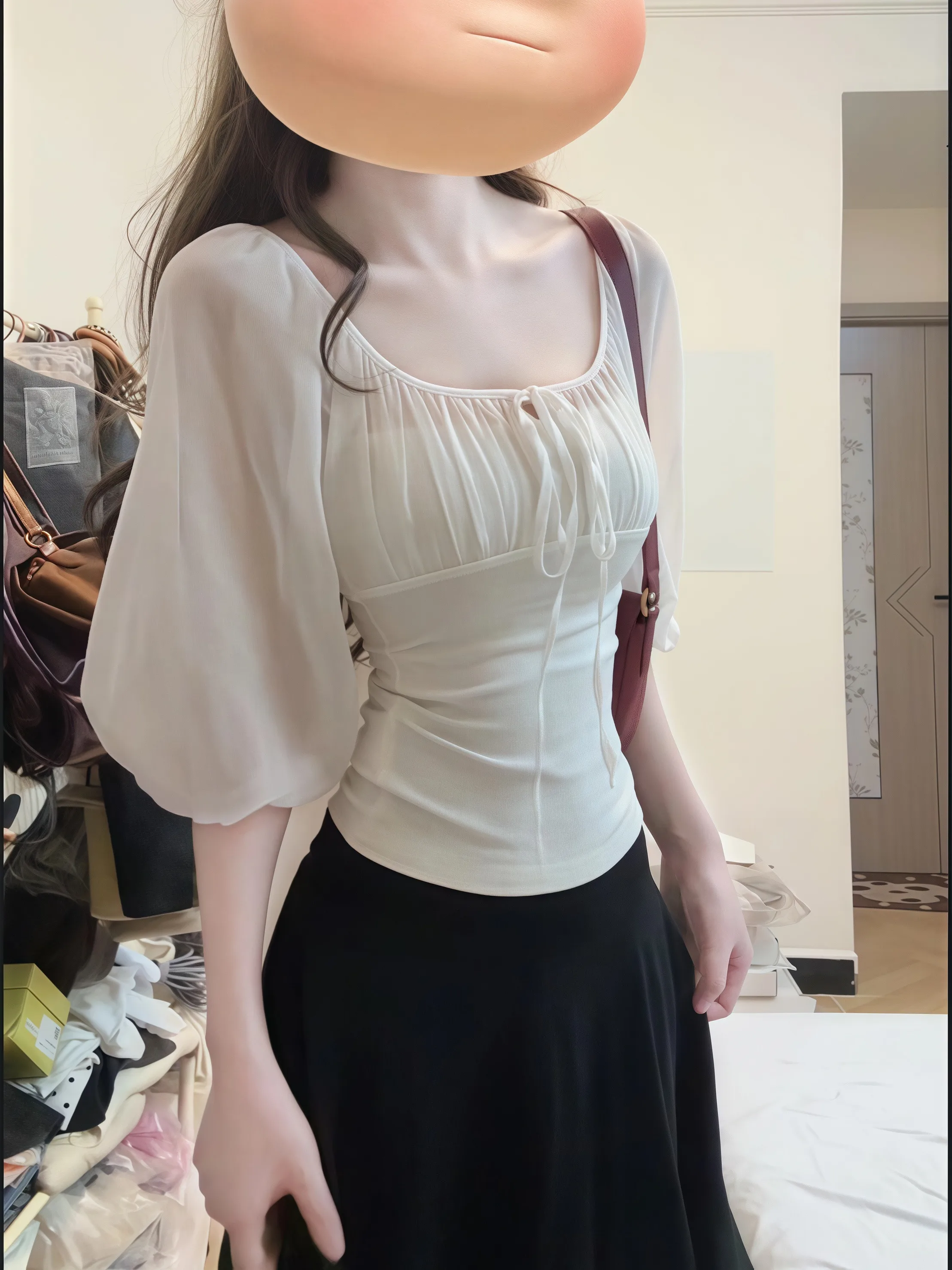 Korean Style Summer Design Sensation Pure Desire Micro Transparency Slimming Square Collar Lantern Sleeve Chiffon Top Women's...