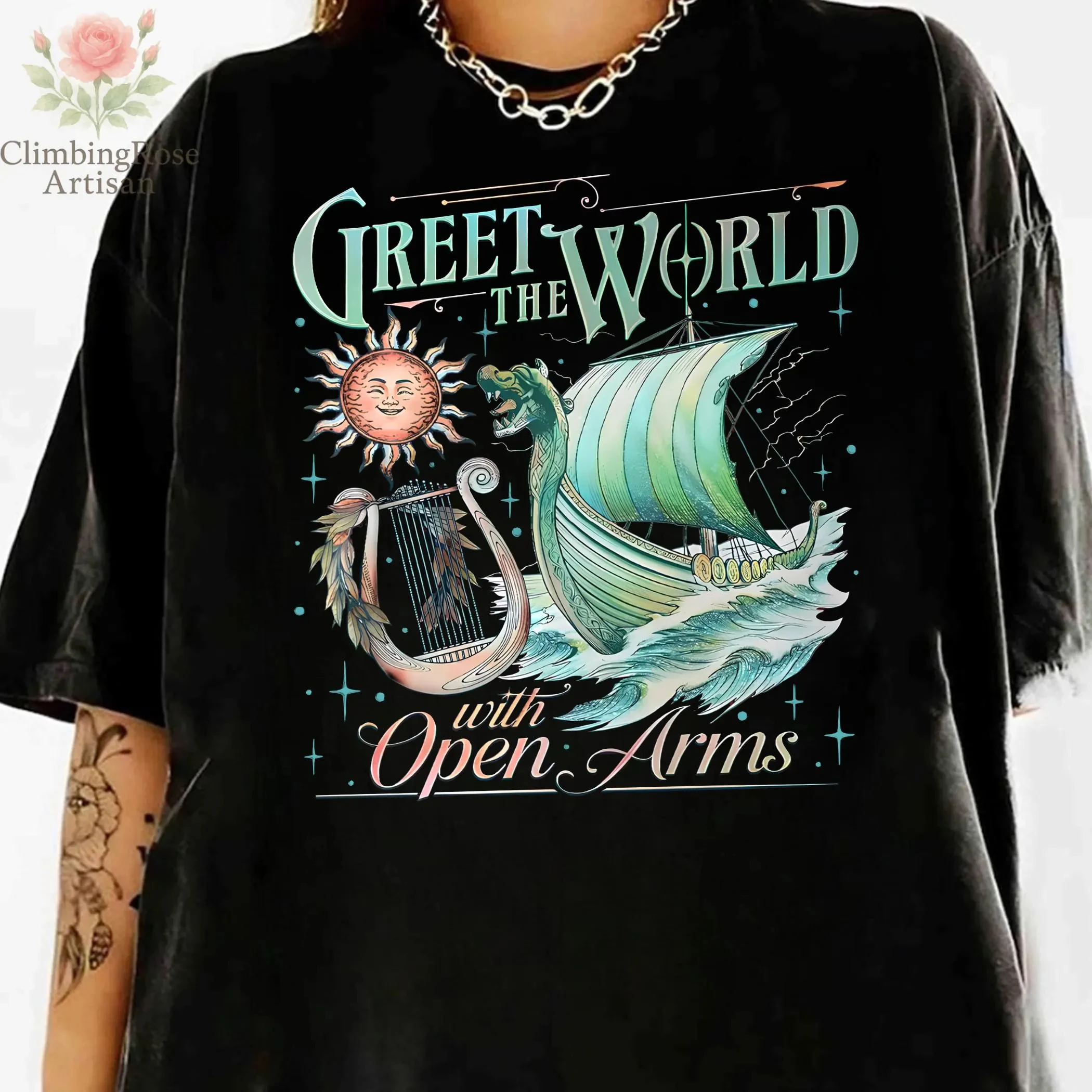 Summer Women's Vintage Greet The World with Open Arms T-Shirt Unisex Cotton and Breathable Short Sleeve Oversized Loose Casual