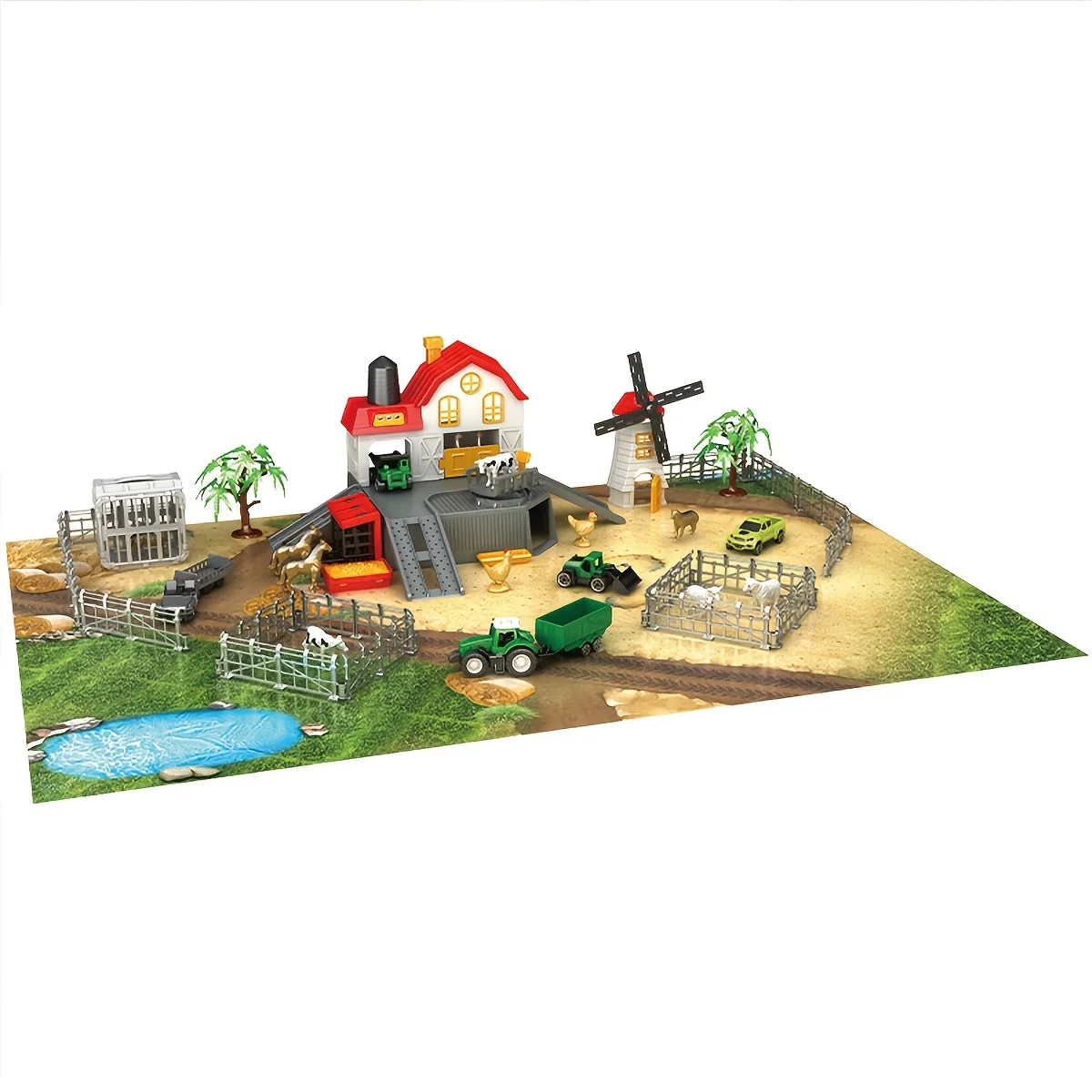 子供向け農場動物プレイセット、農場動物付き納屋プレイハウス、トラクター、トラック、フェンス、風車、プレイマット、40個以上