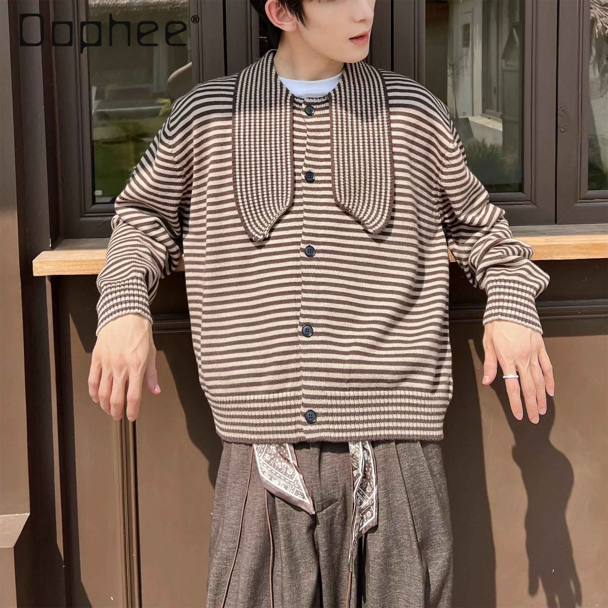 French Retro Style Men's Coffee Color Tie Stripe Sweater Cardigan Loose Casual Versatile High-end Black Gray Knitwear