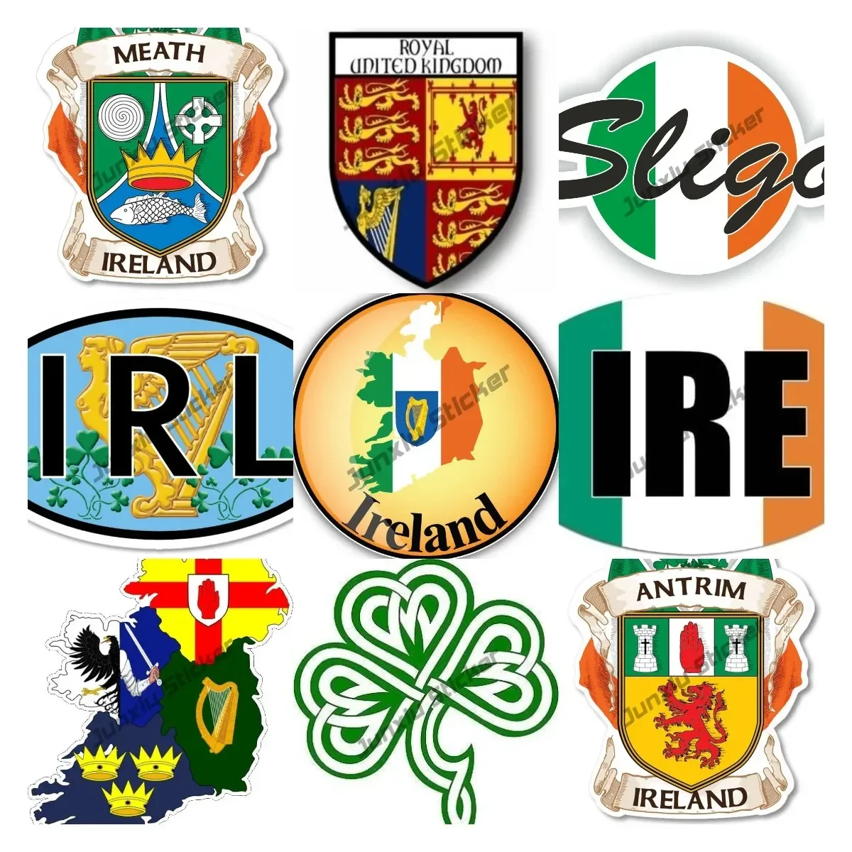 

Ireland Meath Antrim Sligo Flag Emblem Sticker Clover Shamrock Knot Leave St Patric Cover Scratches Decoration Irish IRL Decal