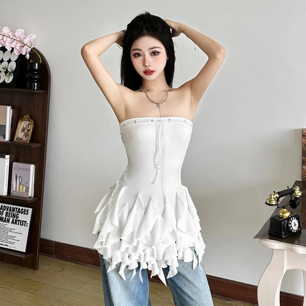 

SylCue Y2K милый стиль топы без бретелек женские нерегулярные с открытыми плечами лоскутные оборки ленты в форме талии трендовые узкие наряды