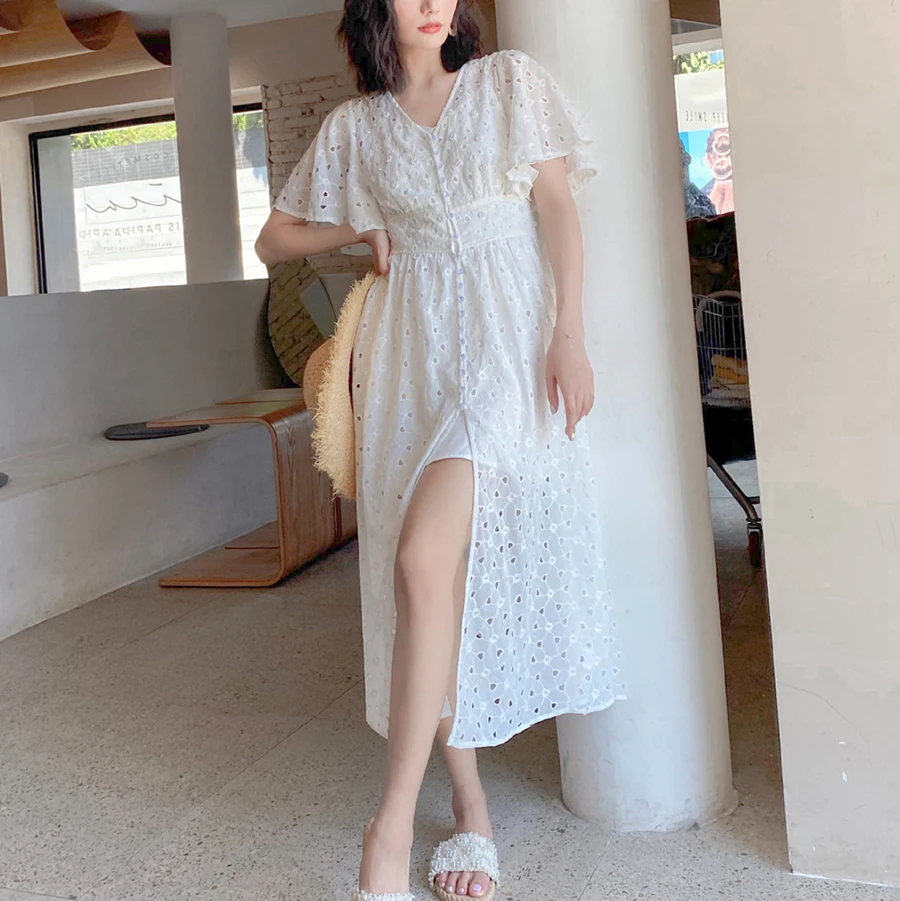 GypsyLady White Boho Midi Dress Cotton Elegant Vintage Chic Holiday Dress Women Hollow Out Button 23XL Sexy Ladies Dresses