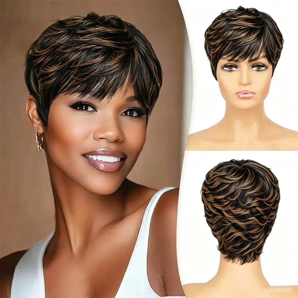 Brown Blonde Human Hair Wigs 180% Short Pixie Cut No Lace Glueless Wig Soft Natural Short Pixie Cut Wig Human Hair For Women