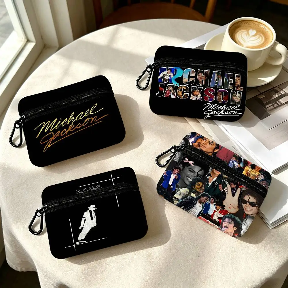 80s Singer M-Michael J-Jackson Portable Mini Oxford Cloth Coin Purse With Carabiner Hook Zipper Key Card Earphone Storage Wallet