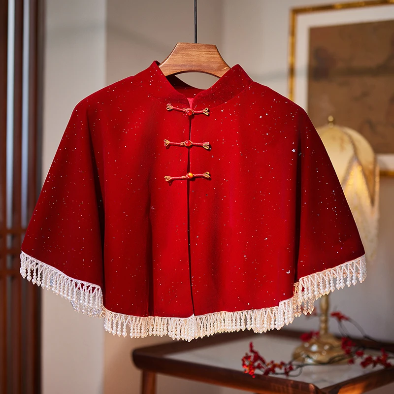 

New Wine Red Velvet Cloak Versatile Gold Spray Little Jaet Match Super Fairy Tassel oulder Retro Buttons Women'...