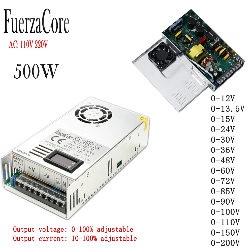 

500W SMPS supply 0-12V 13.5V 15V 24V 30V 36V 48V 60V 72V 85V 90V 100V 110V 150V 200V digital display 110V 220VAC LED motor solar