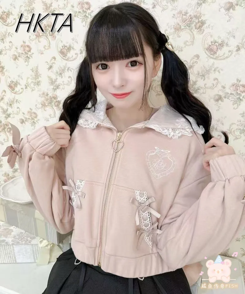 

Japanese Lolita Lace Love Bow Embroidered Hooded Jackets Top Women Mine Series Mass Production Sweet Cute Pink Short Hoodie Coat