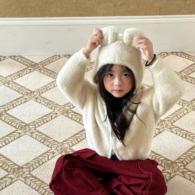 

2025 Winter New Children Long Sleeve Hooded Coat Plus Velvet Thick Girls Warm Plush Coat Solid Kids Casual Zipper Cardigan