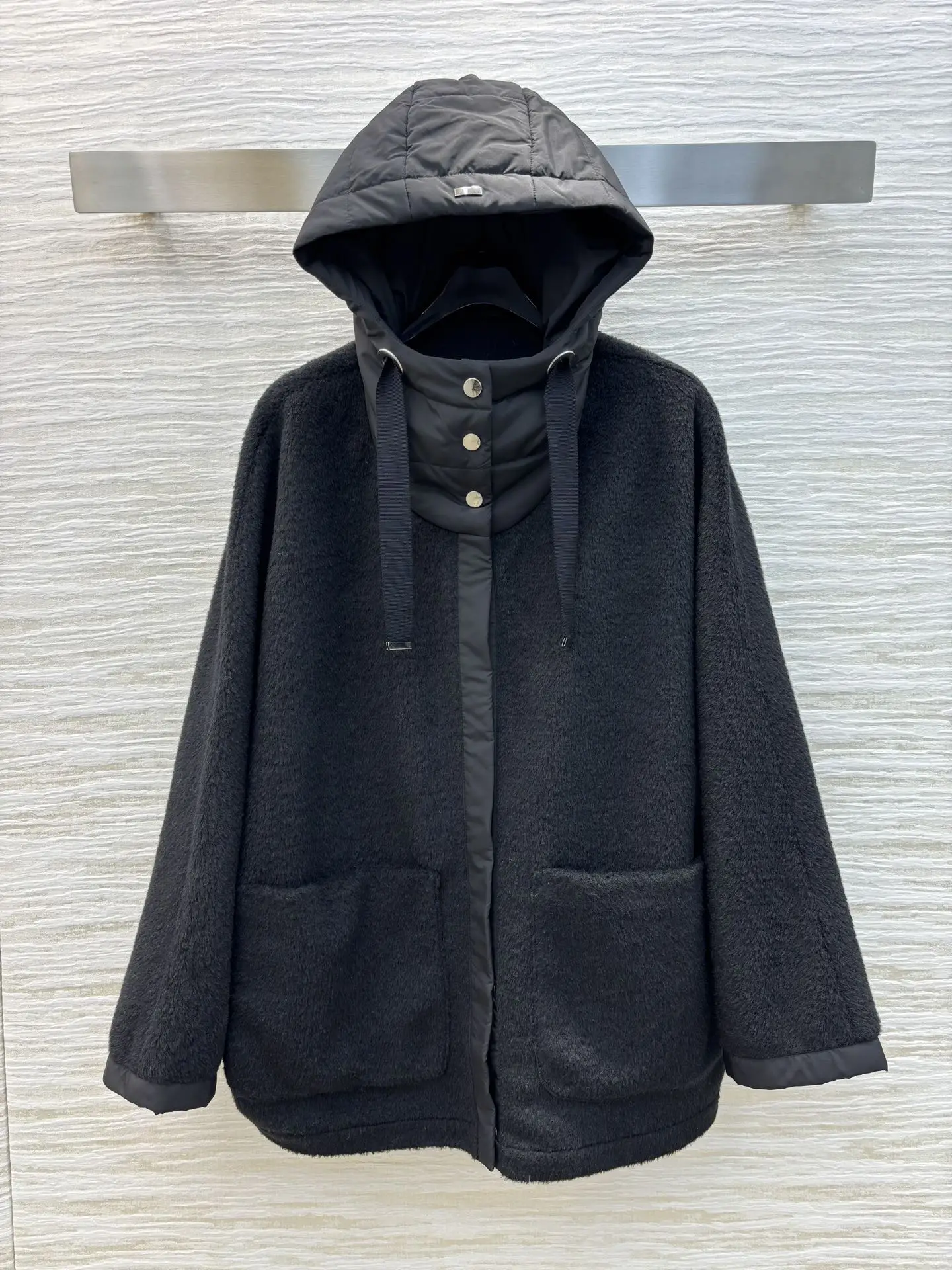 2024 Autumn/Winter New Women's Clothing Cotton lined hooded splicing medium to long woolen coat 1011