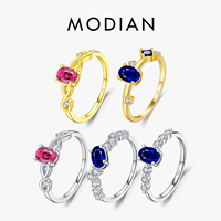 MODIAN 925 Sterling Silver Retro Vintage Oval Stackable Finger Ring Elegant Red & Royal Blue Rings For Women Party Jewelry