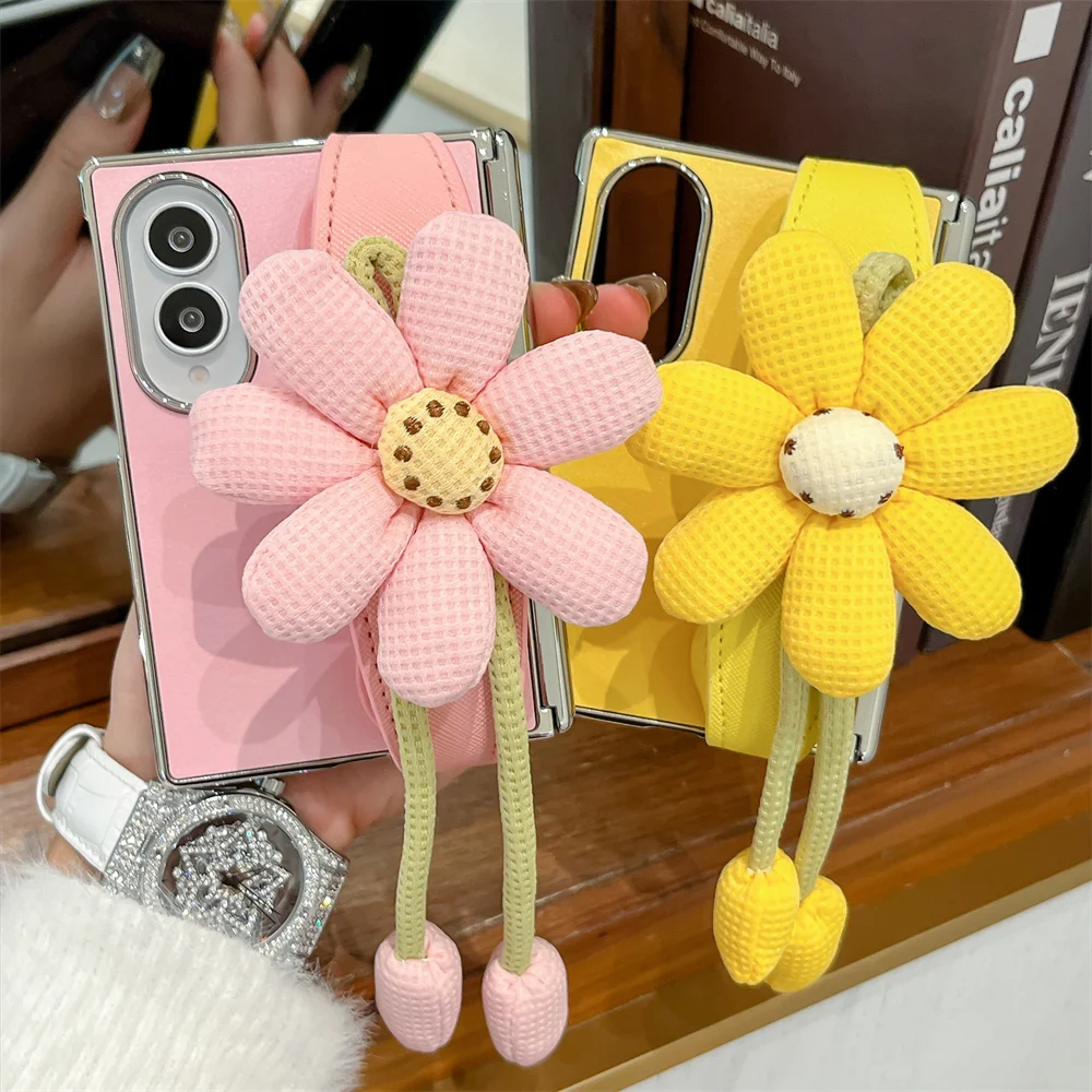 Cute 3D Big Flower Wrist Strap Phone Case For Samsung Galaxy Z Fold 8 PU Leather Frame Double Bud Shockproof Girls Protective