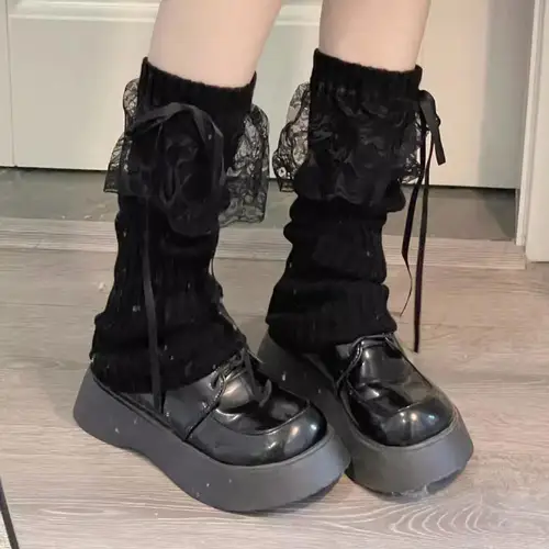 Imagen 2 del producto Calentador de piernas con lazo de encaje para niñas japonesas Y2K, cubierta de pie cálida tejida para mujeres, calentadores de rodilla blancos y negros, calcetines largos JK de ganchillo