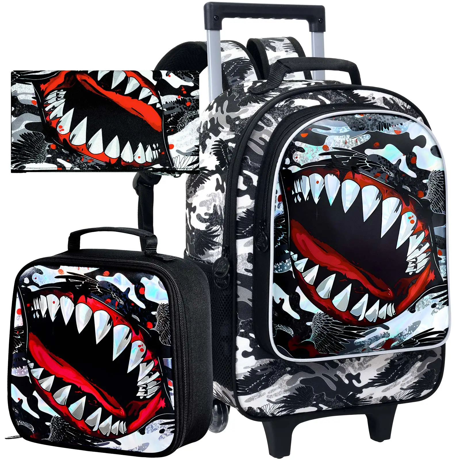 

3PCS Shark Rolling Backpack for Boys, Roller School Backpack with Wheels, Kids Wheeled Bookbag for Elementary Preschool