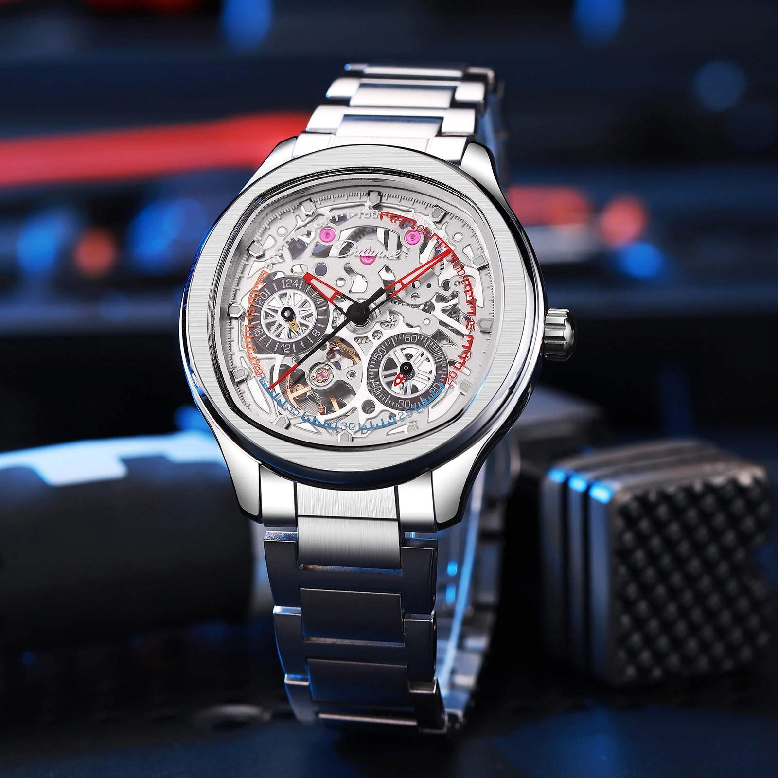 

Dulunwe Men's Mechanical Automatic Watch Hollow Four-Color Scale Ring Equipped 24 Hours / Seconds Small Dial Square Arc Design