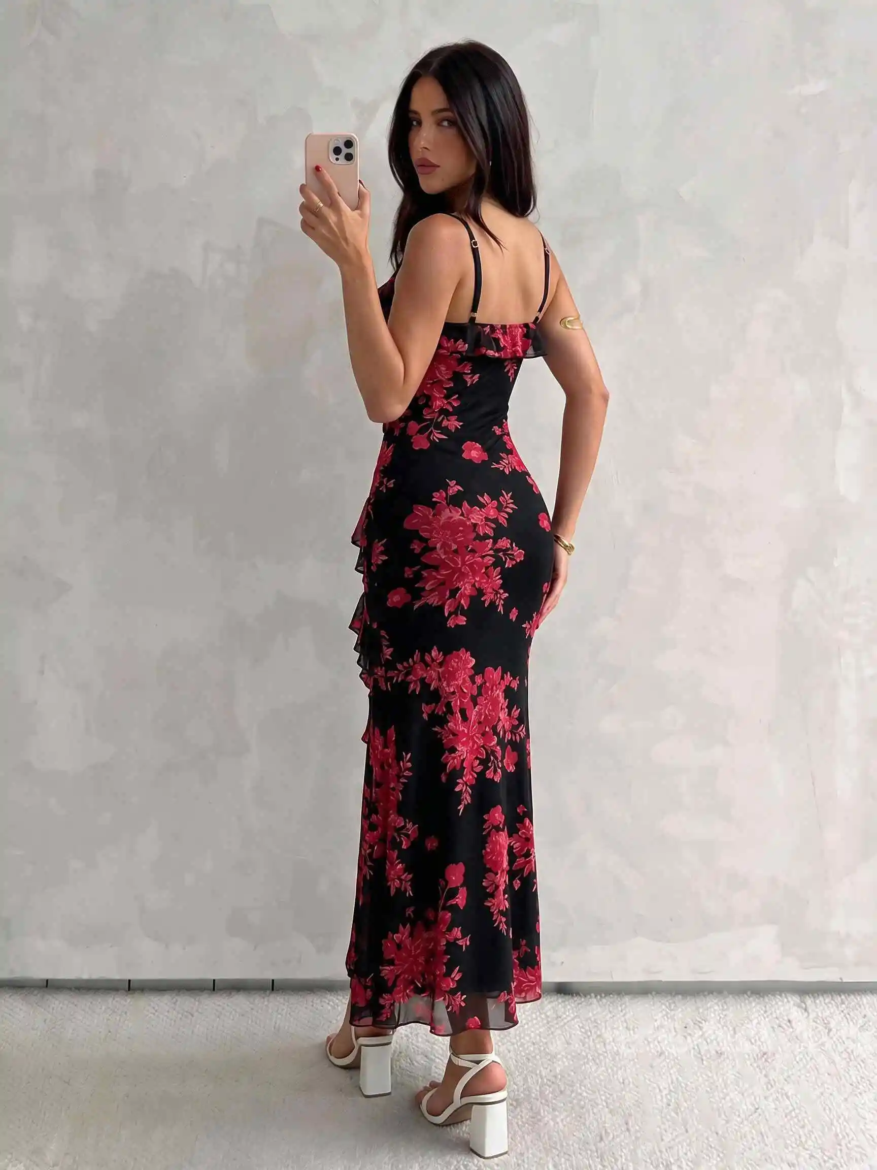 Damen Aquarell-Rosen-Print Cami-Kleid mit Rüschen, Chiffon-Midikleid, Spaghettiträger, fließendes Kleid für Urlaub, Strandparty, Ferien – Detail 8