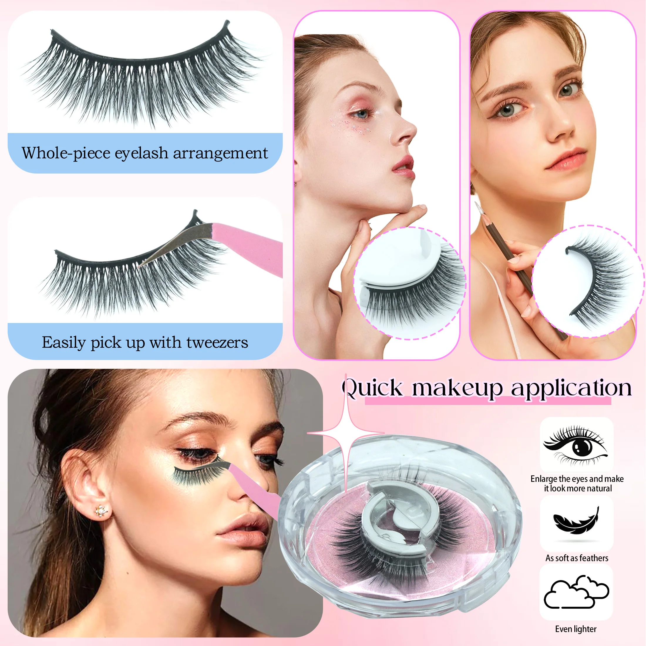 Um par de cílios postiços, vem com uma pinça de cílios, reutilizável, fácil de usar, adequado para esportes, vida diária, festas.