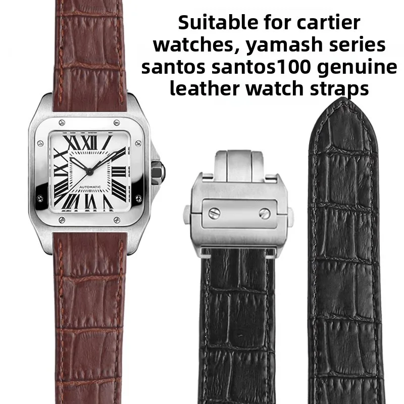 High quality leather watchband 20 23mm For cartier Santos Cowhide strap Santos 100 men women folding buckle Bracelet Accessories