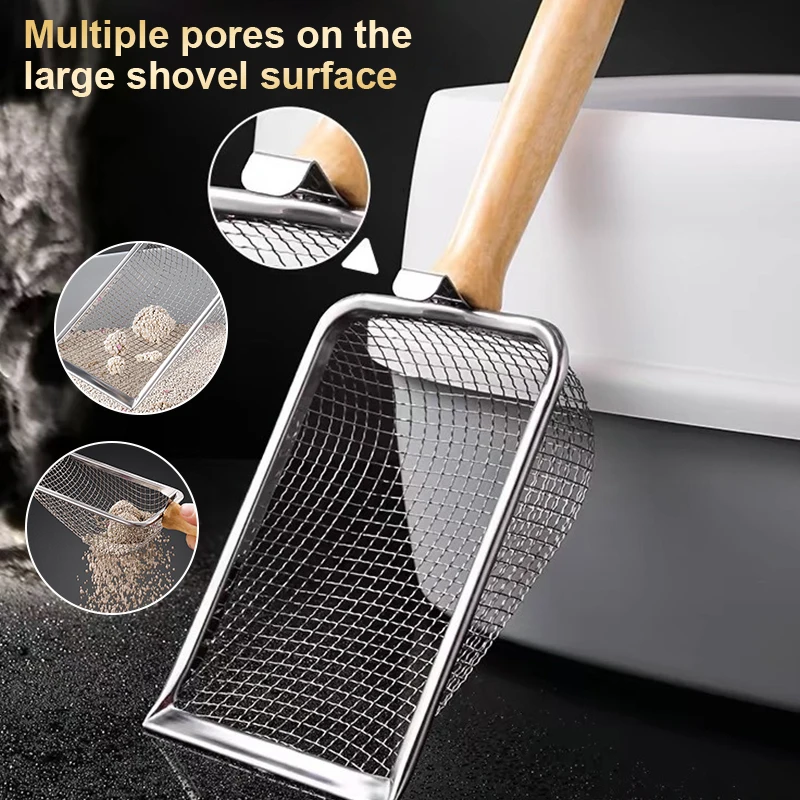 Cat Litter Shovel Wood Handle Metal Scooper With Hook Portable Stainless Steel Sifting Kitten Toilet Cleaning Tool Pet Products