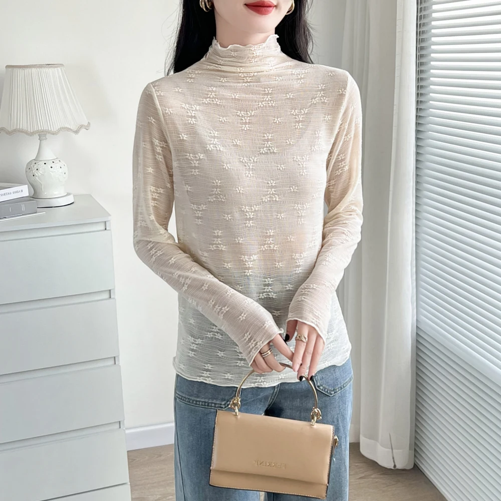 

Sexy Women Y2K See Through T-shirt Half High Collar Long Sleeve Tops Solid Slim Fit Flower Embroidered Lace Sheer Tees Shirts