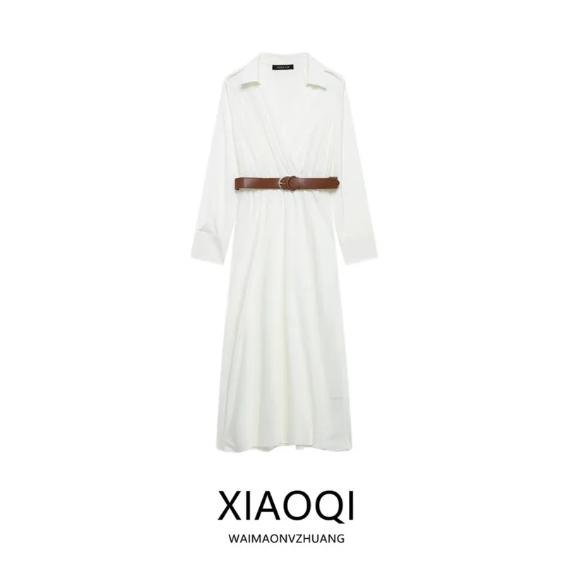 Spring 2025 New Arrival Women's Long Silk Satin Dr with Belt Versatile Faionable Commute Sle Long Sve Single Piece