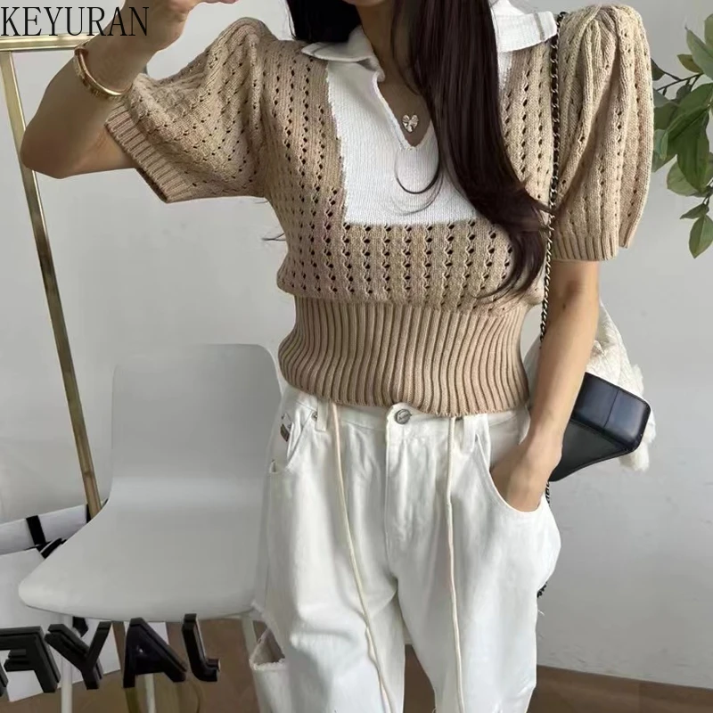 2024 New Summer Korean Chic Short Sleeve Hollow Out Sweater Pullover Fashion Casual Contrast Color Laple Knitted Tops Y2K Jumper