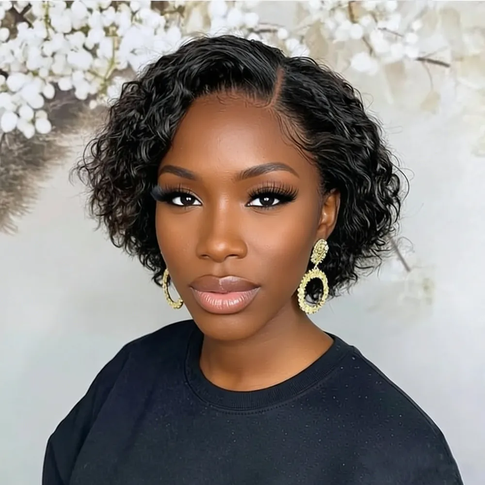 

short curly natural black color 8inch 150% density pixie cut wig party use wig13x4 frontal lace human hair wig