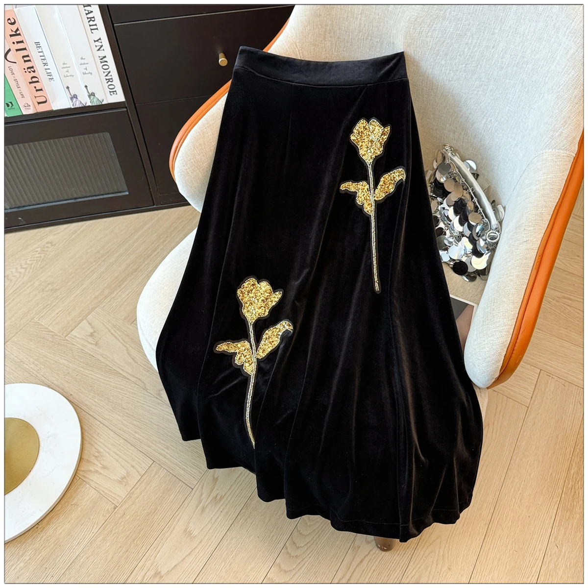 

Autumn Winter New Chinese Sle National Trend Silk Beaded Flower Slim Velvet Midi Skirt Faion Retro Heavy Embroidery A-Lin...