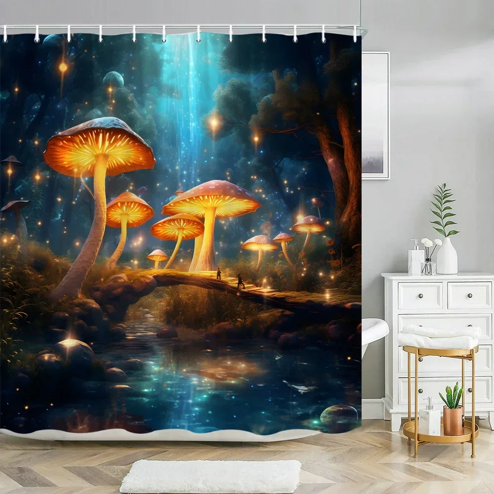 Fantasy Mushroom Shower Curtains Fairy Forest Tree Gothic Style Jungle Green Zen River Bathroom Decor Shower Curtain With Hooks