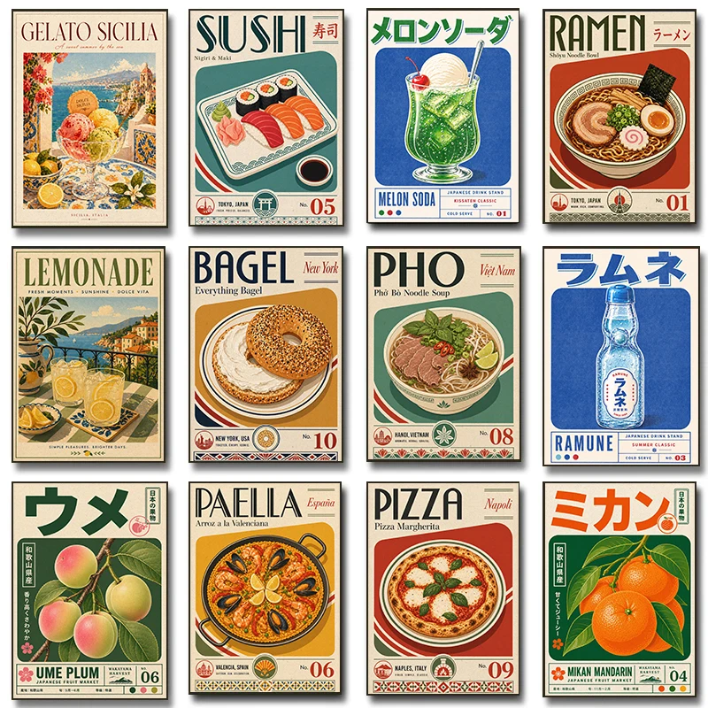 Global Pantry Food Vintage Kitchen Poster Tacos Dolce Vita Japanese Soda Prints Canvas Painting Wall Art Picture Home Room Decor