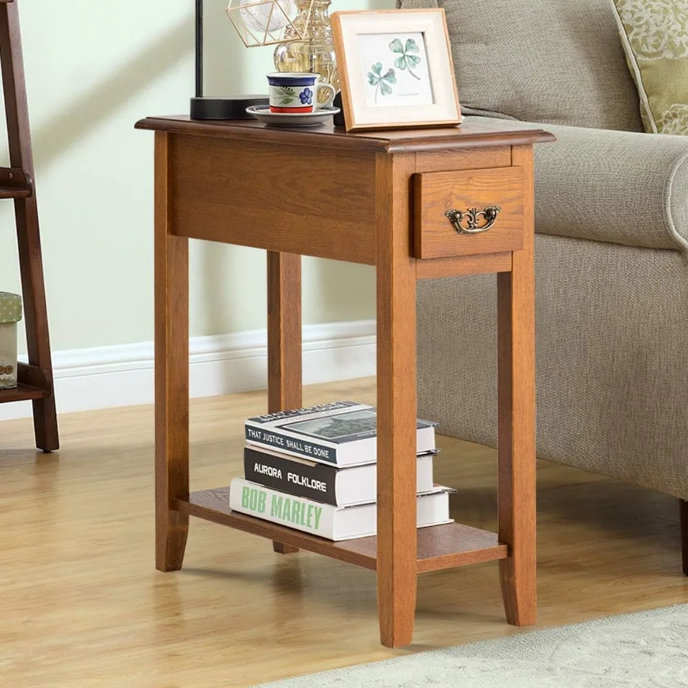 

Slim Side Table with Drawer and Open Shelf, Narrow Nightstand Bedside Table for Living Room Bedroom