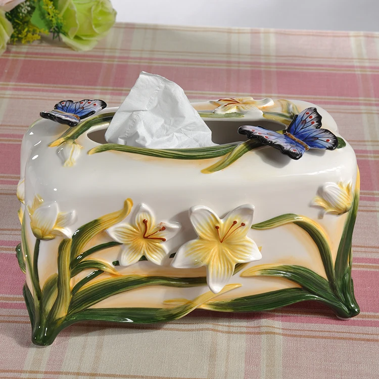 Ceramic Butterfly Tissue Box Sculpture, Home Decor Crafts, Wedding Decoration, Office, Living Room, Study Tissue Box Ornament