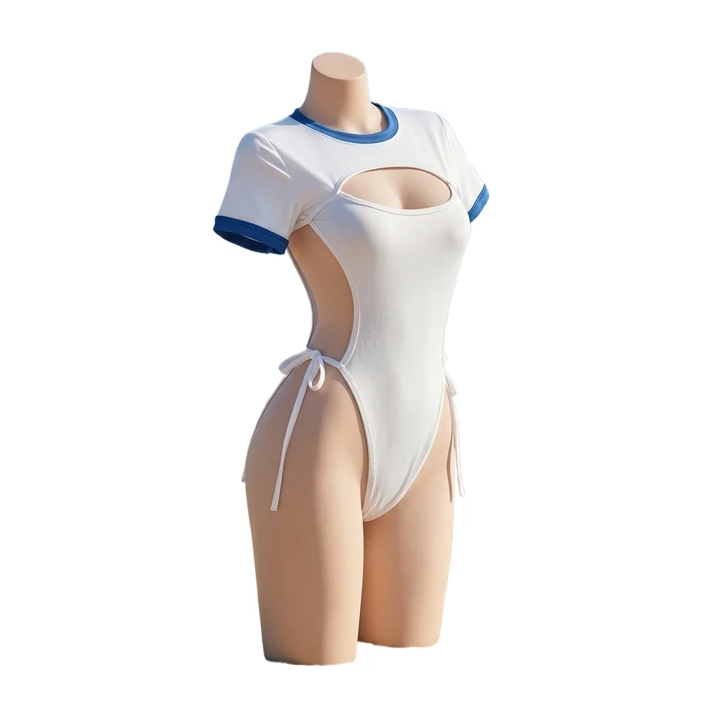 Women's Short Sleeve High Cut Bodysuit,  Hollow Out Keyhole Leotard with Side Ties, Ringer Style One Piece for Music Festival