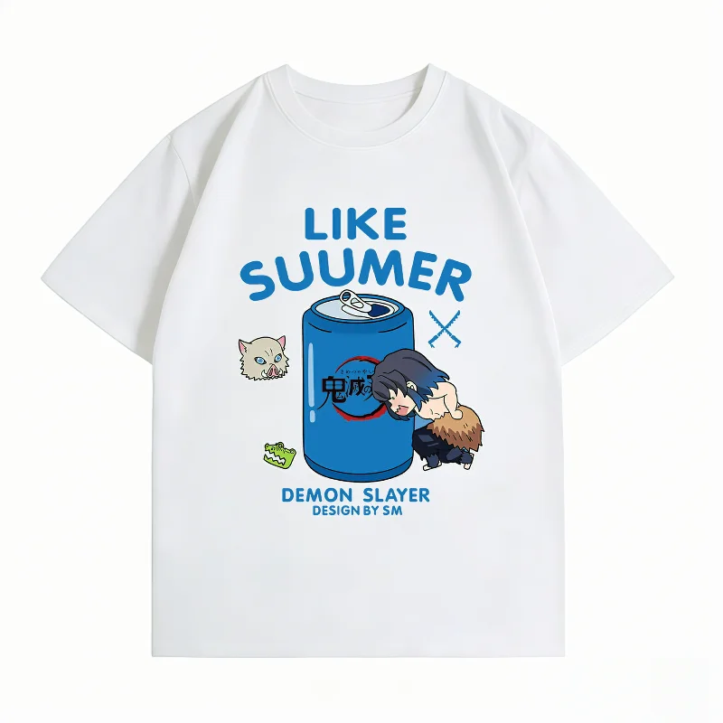 Bandai Demon Slayer Inosuke Summer Print T-shirt Casual Short Sleeve Cotton Anime Streetwear Men's T-shirt