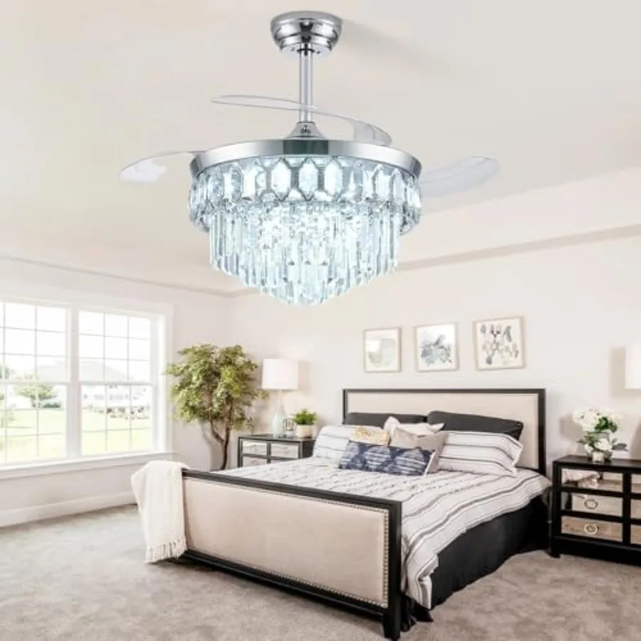 42 Inch Fandelier Ceiling Fan with Light for Bedroom and Living Room, Chrome Finish, 3 Color Temperature, 6 Wind Speed, Retract