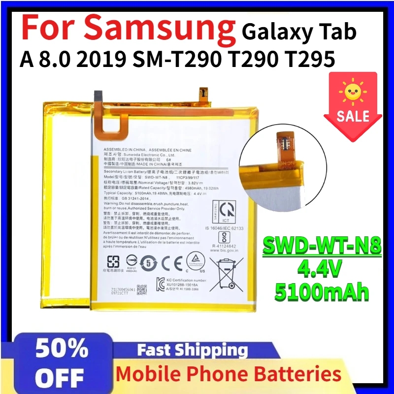 SWD-WT-N8 4.4V 5100mAh Tablet Battery for Samsung Galaxy Tab A 8.0 2019 SM-T290 T290 T295+Tools Replaceable Battery Brand New