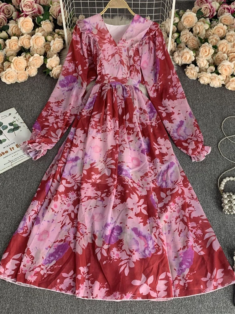 

Women French Vintage Elegant Chiffon Print A-line Dress Spring V-neck Lantern Sleeves High Waist Slim Pleat Party Robe vestidos