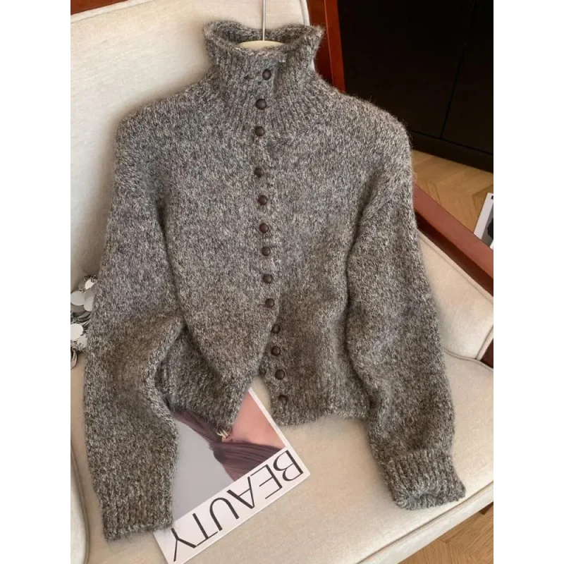 

Осень-зима, новый ретро-модный однотонный тонкий вязаный кардиган, топы, женский однобортный короткий свитер с длинными рукавами, уличная одежда