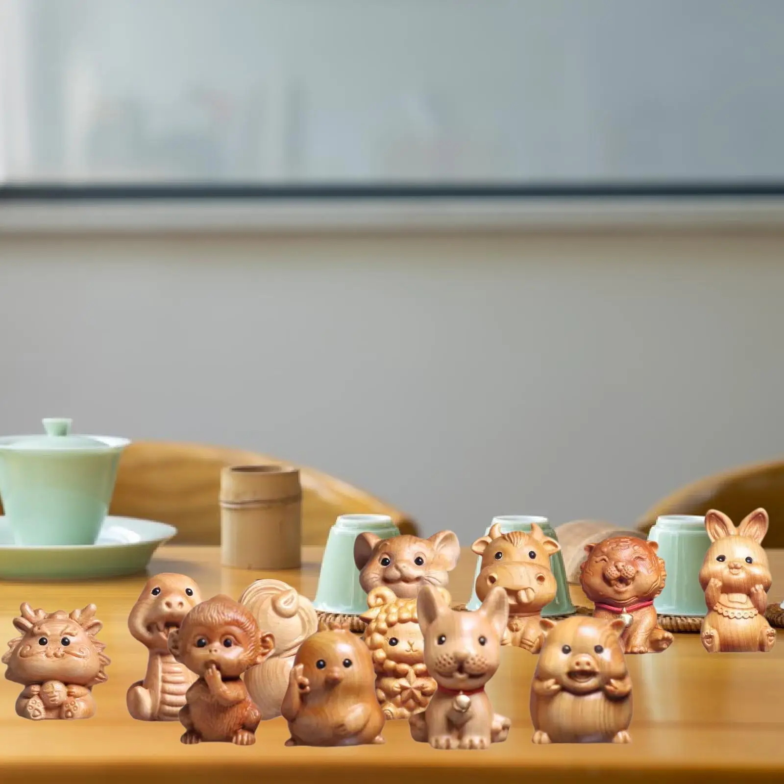 

12Pcs Animal Model Figurine Chinese Hand Carved Feng Shui Chinese Animal Sculptures Wood for Office New Year Tabletop Home Decor