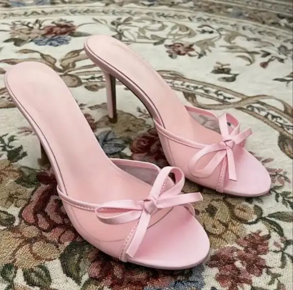 Sweet Lady Pink Air Mesh Bow Tie Front Round Open Toe High Heel Slippers Women Elegant Shallow Slip On Butterfly Knot Slippers