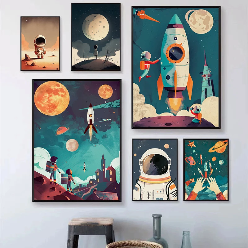 Modern Minimalist Space Nursery Canvas Print Wall Art Whimsical Astronaut Rocket Planets Galaxy Decor Educational Poster Gift